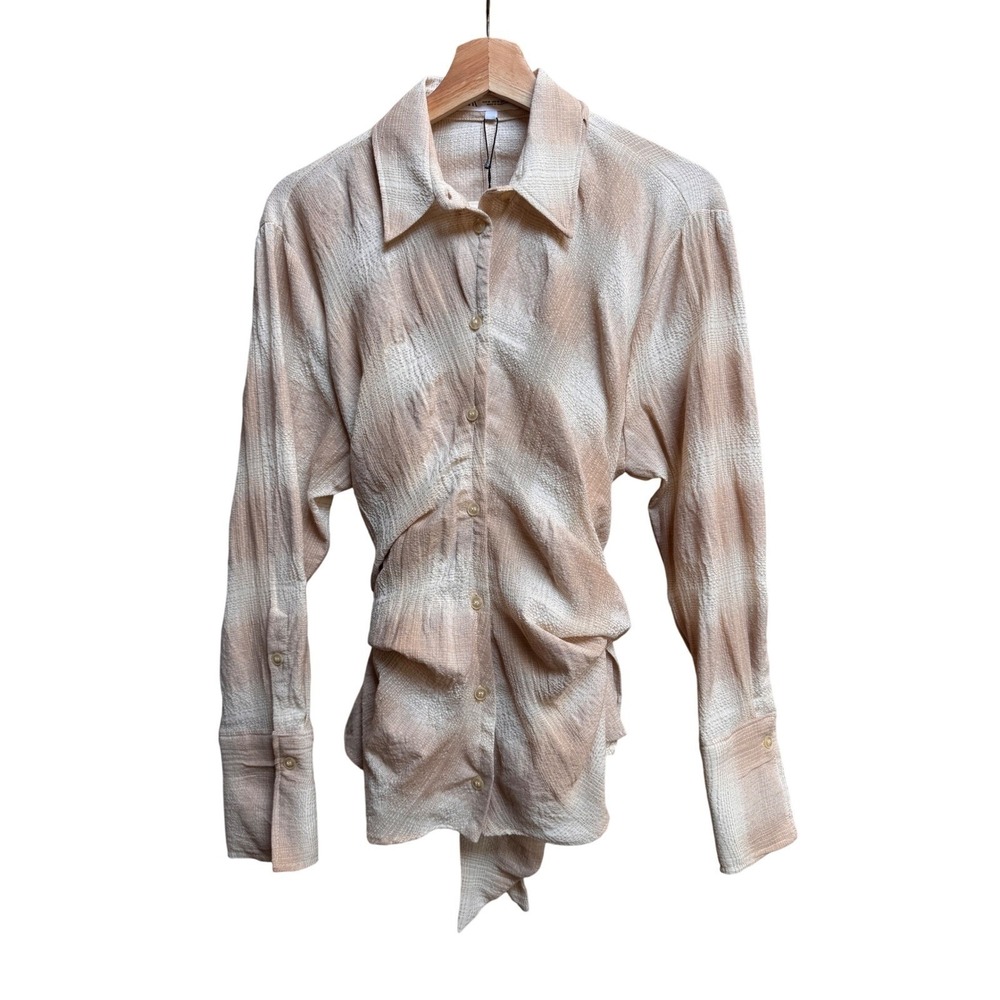 Zara Beige Textured Ruched Button Down Shirt Top Gauze Coastal Cotton Blend M - Picture 3 of 13